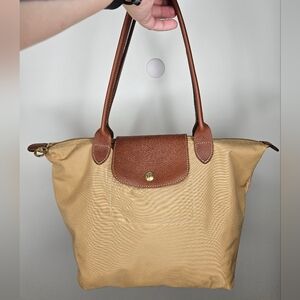 LONGCHAMP Le Pliage Shoulder Bag Leather and Nylon Khaki